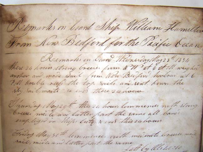 A HISTORICALLY IMPORTANT Whaling Log Book from the ship William Hamilton of New Bedford recording its' Pacific Ocean whaling expedition from 1834 to 1837. — image 3